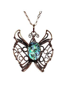 Copper Abalone Shell Vintage Style Gemstone Butterfly Necklace